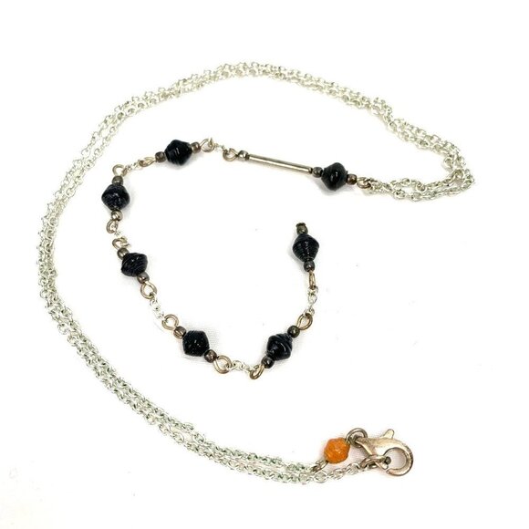 Beaded Linear Drop Necklace On Silver Chain Black, Orange, Silver 19" long - Picture 2 of 4